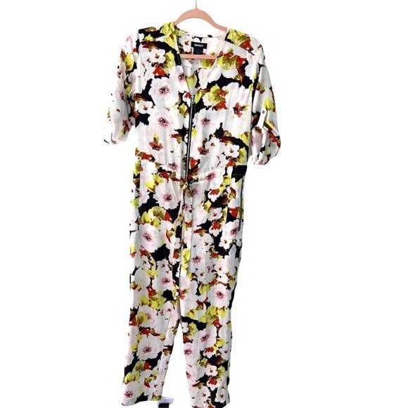 DKNY Jumpsuit Womens Size 2 Floral Print Zip Front V Neck Pockets Elastic Waist - Picture 1 of 14